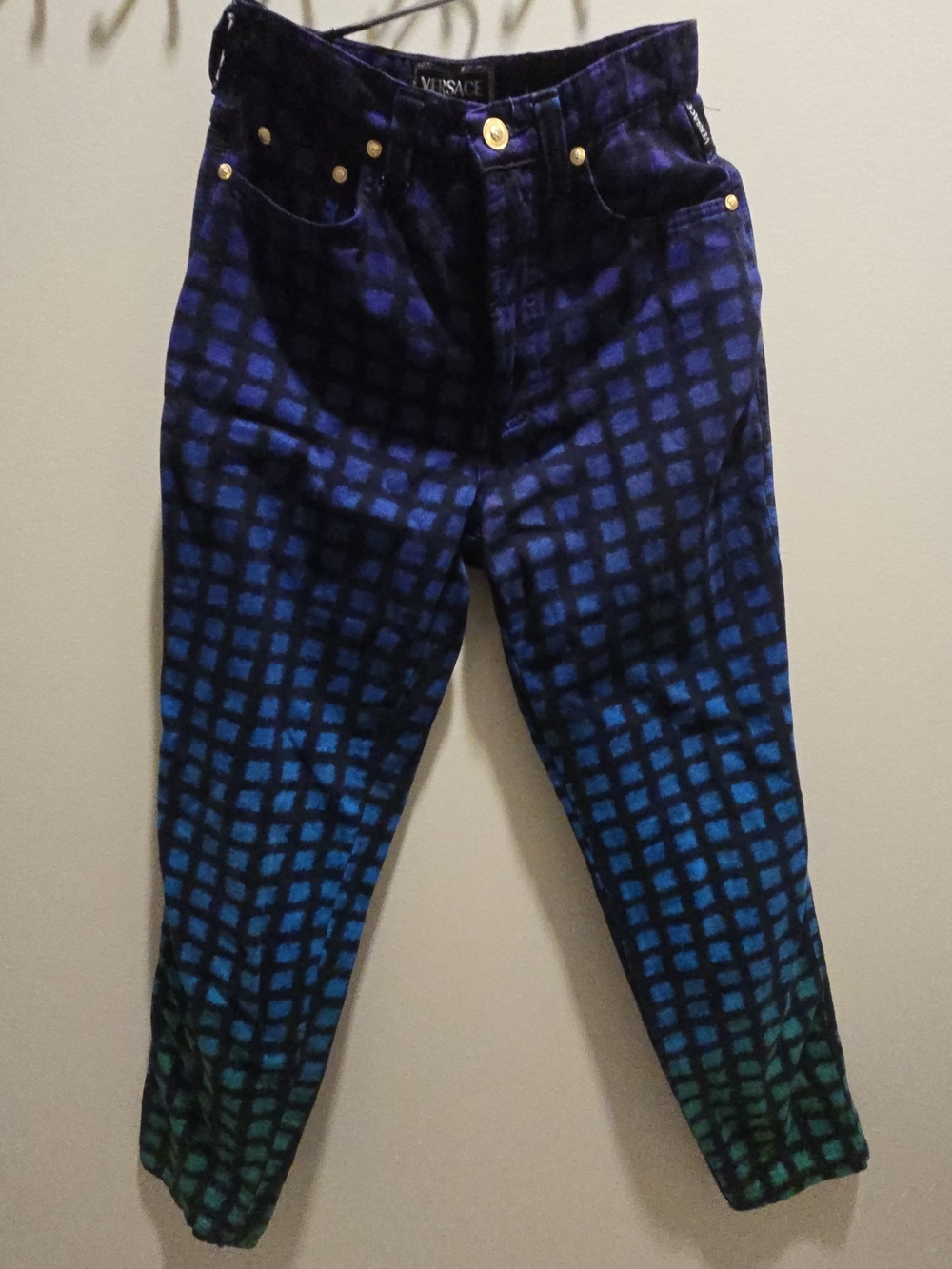 Versace Purple and Blue Plaid Jeans with Gold Hardware